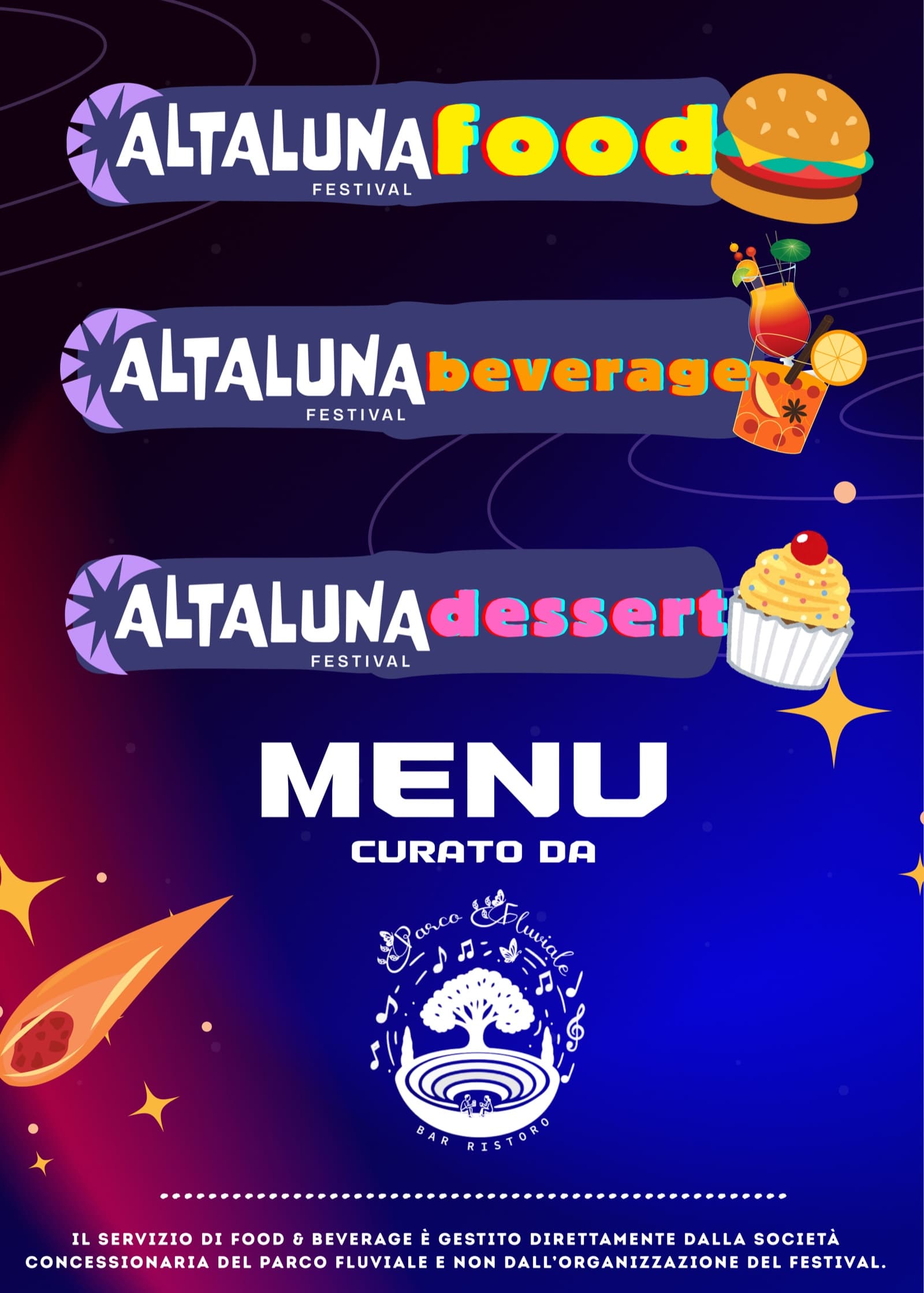 Copertina del menu: Altaluna food, beverage e dessert, curato dal bar ristoro del Parco Fluviale.